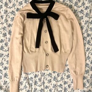 Soft Beige/Light Brown Bow-Trim Button Cardigan Sweater - Women